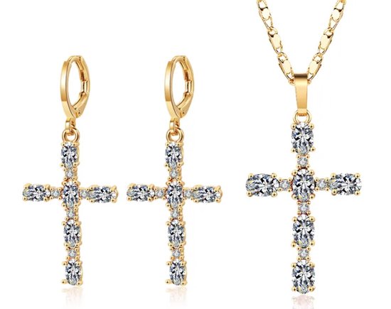 Kruis ketting - kruisje oorbellen - religieus - goudkleurig - sieraden set - cadeau voor vrouw - Liefs Jade