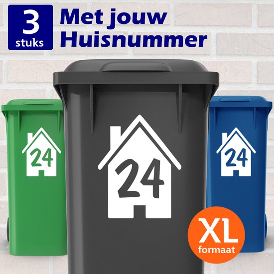 Container Stickers XL - Extra Groot A4 Formaat - Voordeelset 3 stuks - Huisje met Huisnummer - Sticker voor Afvalcontainer / Kliko - Klikosticker