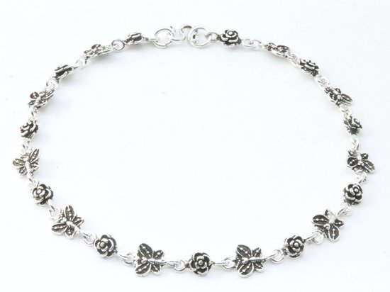 Zilveren enkelband met vlinders en roosjes