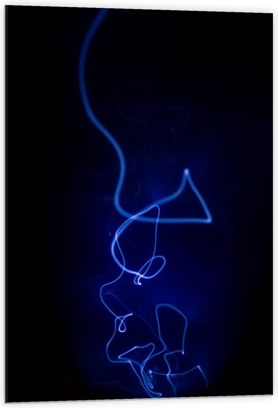 Dibond - Blauwe Lichtstrepen tegen Zwarte Achtergrond (Niet Lichtgevend) - 60x90 cm Foto op Aluminium (Wanddecoratie van metaal)