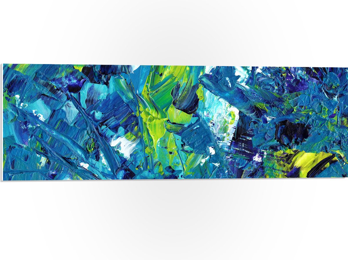PVC Schuimplaat - Gemixte Verf in Blauwe en Groene Kleuren - 90x30 cm Foto op PVC Schuimplaat (Met Ophangsysteem)