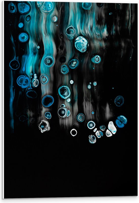 PVC Schuimplaat- Blauwe Witte Cirkels en Strepen tegen Zwarte Achtergrond - 40x60 cm Foto op PVC Schuimplaat