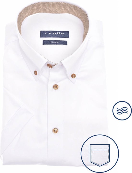 Ledub modern fit overhemd - korte mouw - wit - Strijkvriendelijk - Boordmaat: