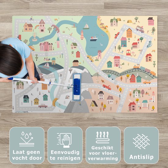 LetsPlaymats® Speelmat baby kinderen - Seizoenen - Stad - Huizen - Weg - Kinderen - Auto - Speelkleed van vinyl - Speeltapijt - Antislip - 135x90 cm van LetsPlaymats® — afbeelding 3