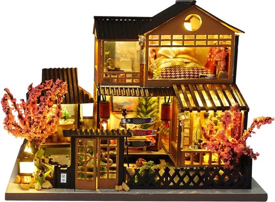 Fsolis DIY-poppenhuis-miniatuur meubel kit, 3D houten miniatuur poppenhuis met stofkap en muziekdoos,Miniatuur poppenhuis kit creatief cadeau