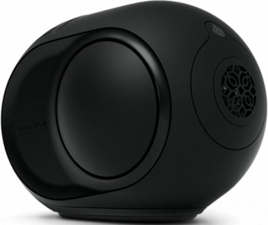 Zwarte Devialet Phantom II luidspreker met een compact, ovaal design en zichtbare luidspreker grille aan de zijkant.