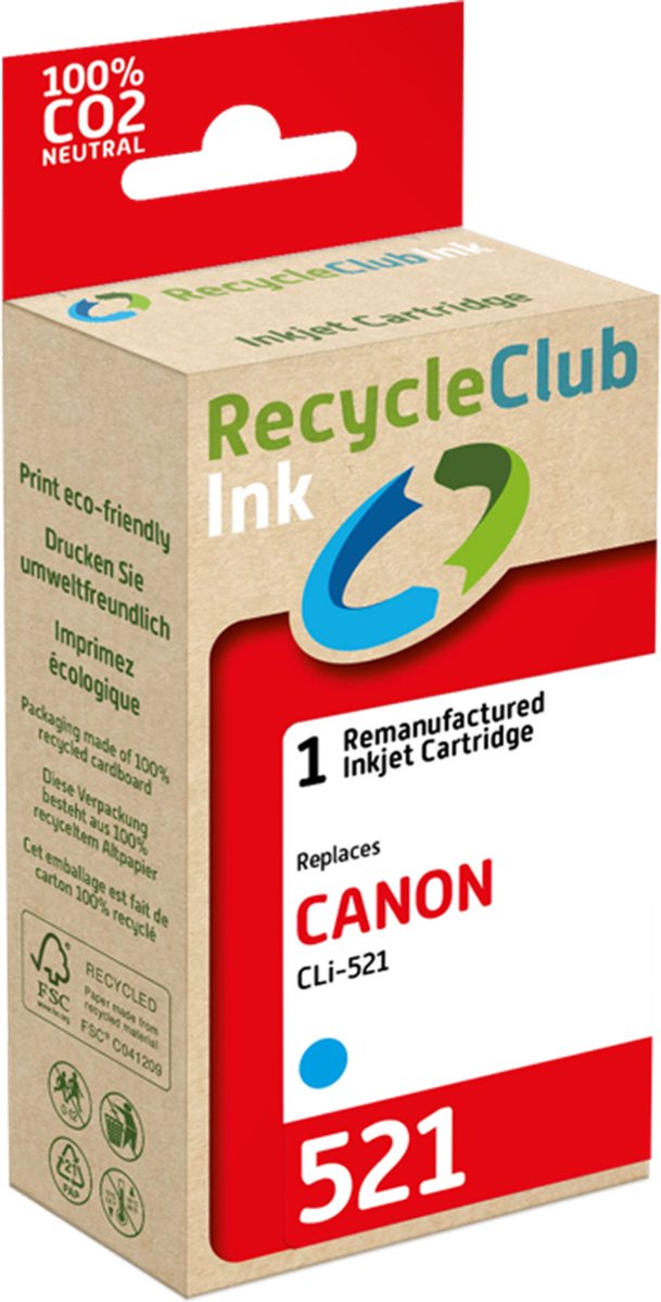 RecycleClub inktcartridge - Inktpatroon - Geschikt voor Canon - Alternatief voor Canon CLi-521 Cyaan - Blauw 9ml - 740 pagina's