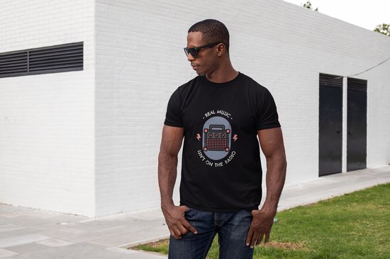 Chemise - La vraie musique n'est pas à la radio - Wurban Wear | Chemise drôle | Musique | T-shirt unisexe | Écouteurs | Boîte | Guitare | Piano | Danse | Casque d'écoute | Noir