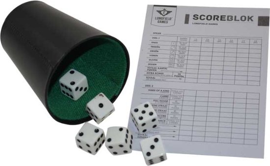 Afbeelding van het spel Longfield Games dobbelbeker met dobbelstenen en scoreblokje