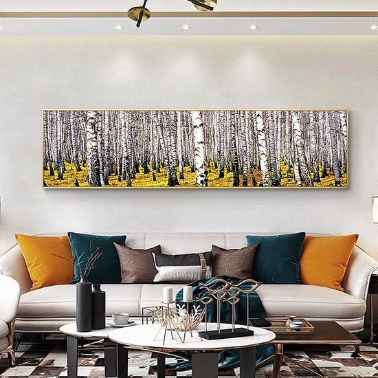 Allernieuwste Canvas Schilderij Berkenboom Bos Landschap - Natuur - Poster - Realistisch - 40 x 160 cm - Kleur