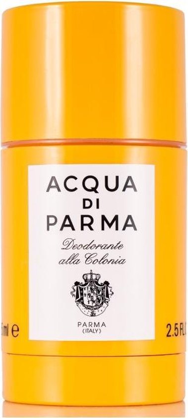 Oranje deostick van Acqua Di Parma met het label 'Colonia' en 'Parma (Italy)'.