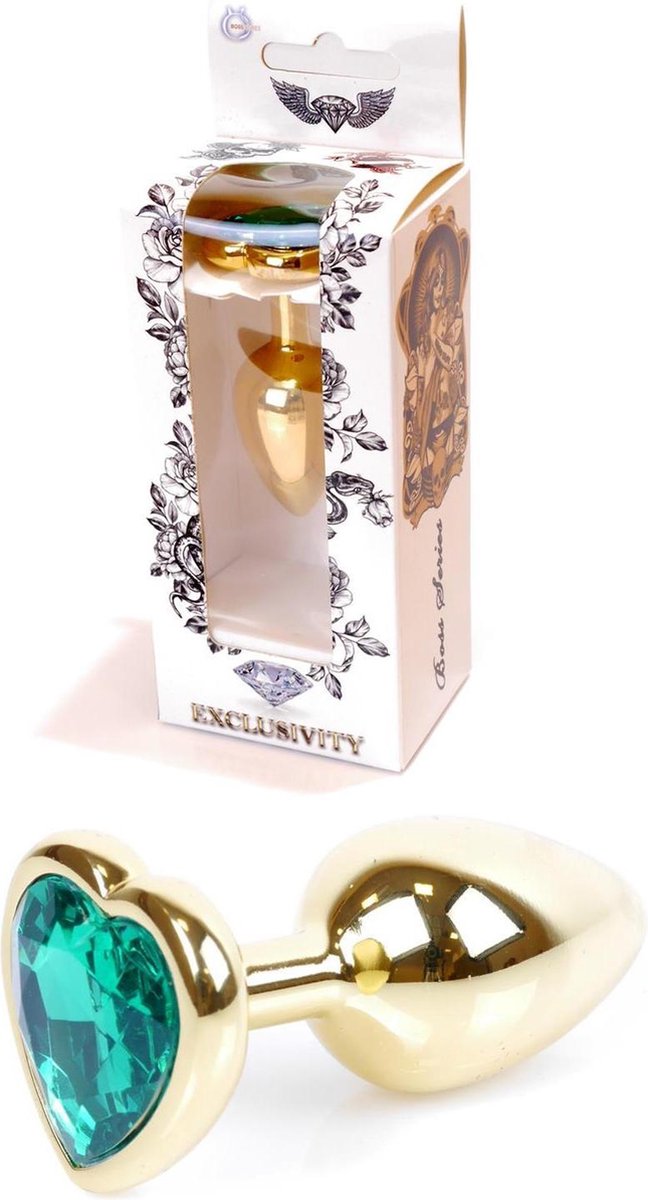 Goedkoopste Bossoftoys - Plug - Goud - anaal - Hartje - Groen - 64-00042 - gave cadeaubox