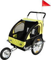 Kinderfietskar - Fietskar -Kinderaanhanger - Buggyfunctie - Geveerd en geremd - 2 zitplaatsen - Geel/Zwart - 122 x 90 x 106 cm