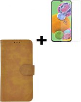 Samsung Galaxy A41 hoes Effen Wallet Bookcase Hoesje Cover Bruin + Tempered Gehard Glas / Glazen screenprotector Pearlycase