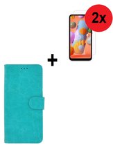 Samsung Galaxy A11 hoes Effen Wallet Bookcase Hoesje Cover Turquoise + 2x Tempered Gehard Glas / Glazen screenprotector (2 stuks) Pearlycase