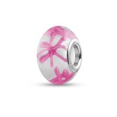 Quiges - Glazen - Kraal - Bedels - Beads Wit met Roze Sterretjes Past op alle bekende merken armband NG2014