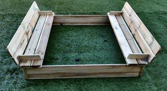 Houten zandbak naturel met bankjes 120 x 120 cm