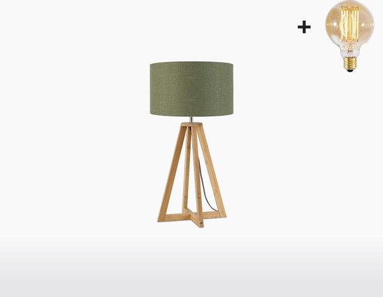 Tafellamp – EVEREST – Naturel Bamboe - Groen Linnen - Met LED-lamp