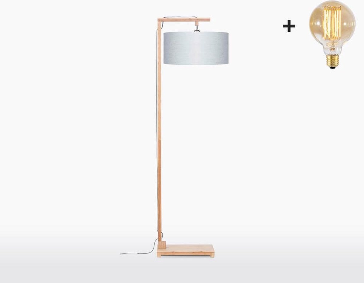 Vloerlamp – HIMALAYA – Bamboe Voetstuk (h. 176cm) - Lichtgrijs Linnen - Met LEDlamp