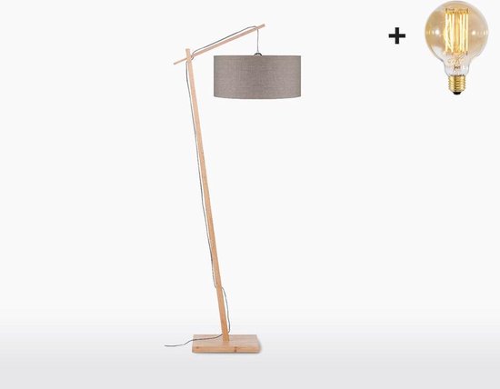 Vloerlamp – ANDES – Naturel Bamboe - Donker Linnen - Met LED-lamp