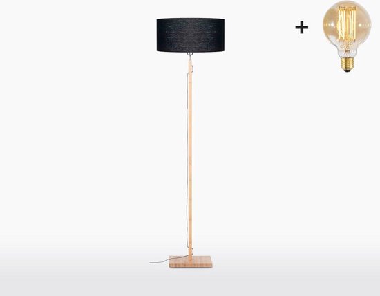 Vloerlamp – FUJI – Bamboe Voetstuk (h. 167cm) - Zwart Linnen Kap - Met LED-lamp