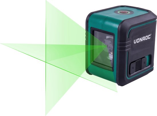 Groene kruislijnlaser van VONROC met twee horizontale en twee verticale lijnen.