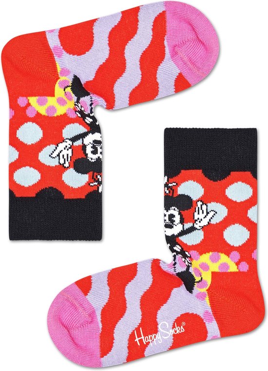 Twee rode Happy Socks met roze en paarse golven, witte stippen en Mickey Mouse.