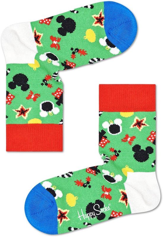Groene sokken met Mickey Mouse, rode sterren, en rode en blauwe boorden.