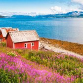 Tuinposter| Rode Huisjes Aan Het Meer 100cm X 100cm – Tuinposter Voor Buiten / Buitencanvas/ Spandoek / Tuinschilderij (tuindecoratie) + Ringen Om De 50cm