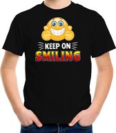 Funny emoticon t-shirt keep on smiling zwart voor kids L (146-152)