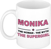 Naam cadeau Monika - The woman, The myth the supergirl koffie mok / beker 300 ml - naam/namen mokken - Cadeau voor o.a verjaardag/ moederdag/ pensioen/ geslaagd/ bedankt