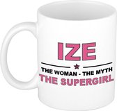 Naam cadeau Ize - The woman, The myth the supergirl koffie mok / beker 300 ml - naam/namen mokken - Cadeau voor o.a verjaardag/ moederdag/ pensioen/ geslaagd/ bedankt
