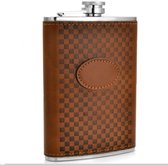 Bruin lederen RVS heupfles met geblokt patroon - Veldfles bruin leder - Platvink - Zakflacon - Heupflacon leer - Drankfles - Drankflacon - Leren Zakfles - Brown Leather - Leder