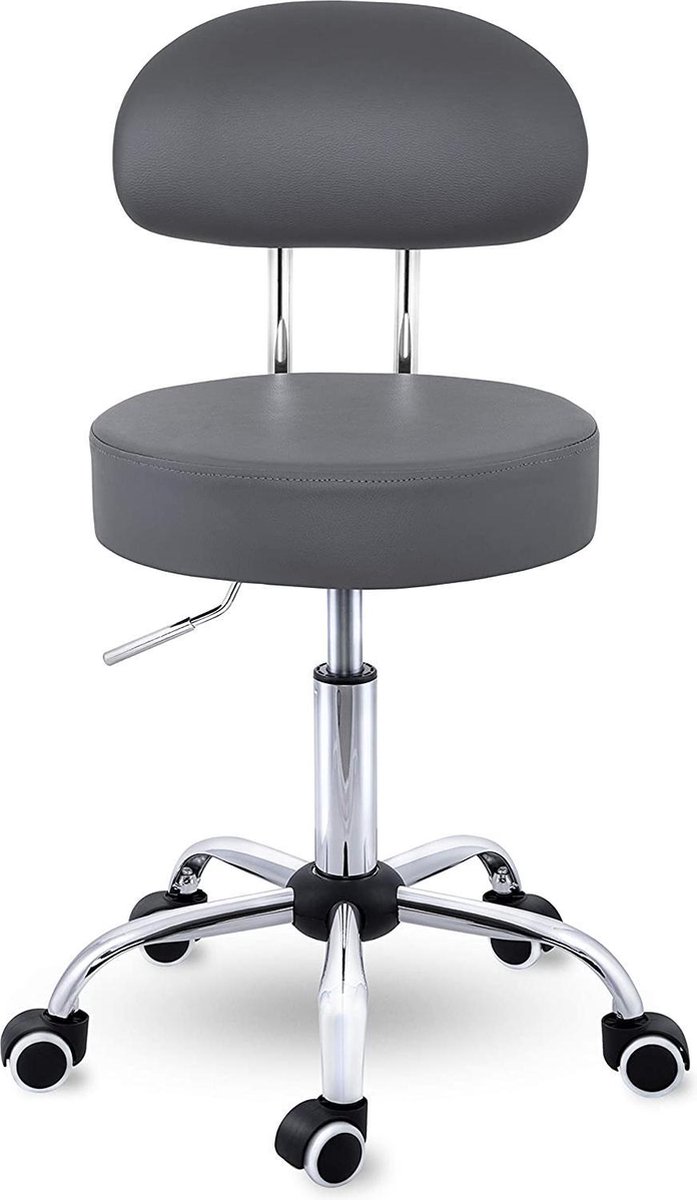 TRESKO® Rolkruk met leuning grijs | Werkkruk in hoogte verstelbaar 47-60 cm | Draaikruk met wieltjes | Bureaustoel kruk draaistoel visagiekruk