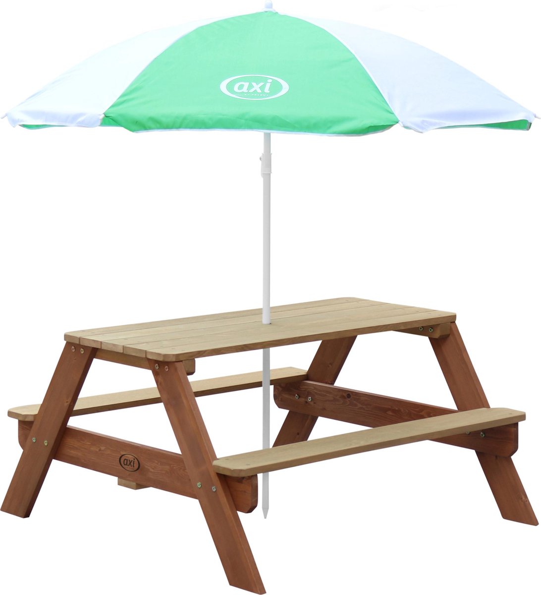 Bol.com AXI Nick Picknicktafel in Bruin met Parasol in Groen/Wit - Picknick tafel voor kinderen van FSC hout aanbieding