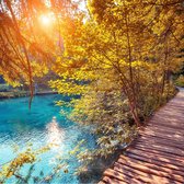 Tuinposter| Een Loopbrug Langs Helder Blauw Water 100cm X 100cm – Tuinposter Voor Buiten/ Buitencanvas/ Spandoek/ Tuinschilderij (tuindecoratie) + Ringen Om De 50cm