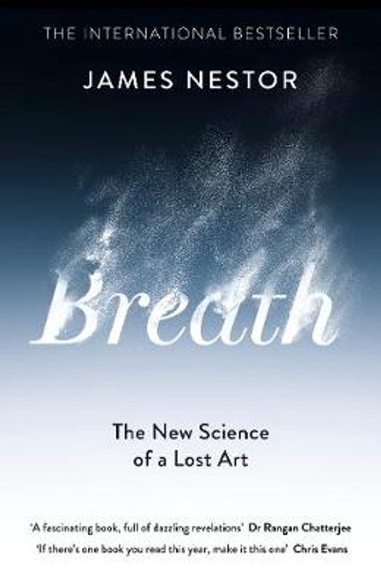 Boek 'Breath' van James Nestor met witte letters op een donkere achtergrond.