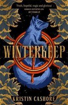 Boekomslag 'Winterkeep' met een blauwe vos die op een scheepsroer zit, met golven op de achtergrond.