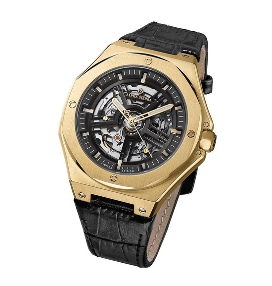 Alpha Sierra Falcon LVD188G - Goudkleurig / Zwart - Leren band -  Herenhorloge - Ø 45 mm | bol.com