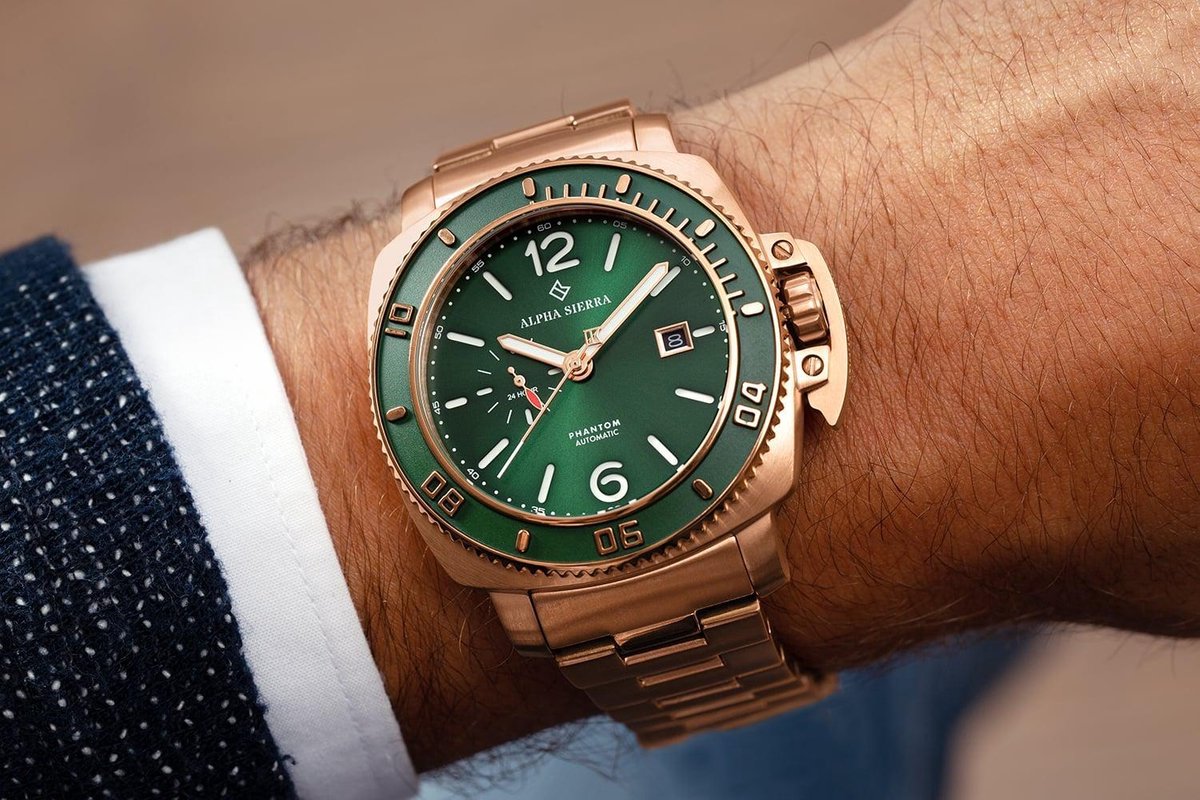 Alpha Sierra Phantom F4-GR006 - Rosegoud / Groen - Stalen band -  Herenhorloge -Ø 44 mm | bol.com