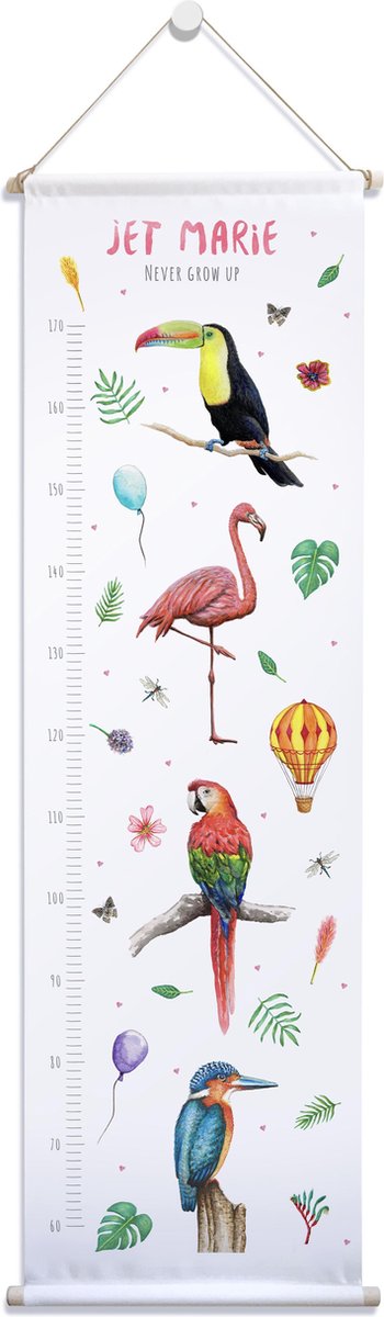 World of Mies groeimeter vogels met naam - Toekan flamingo papegaai ijsvogel - Gepersonaliseerde meetlat van stof - kraamcadeau - Dieren in aquarel geschilderd door Mies - 40 x 140 cm zwart