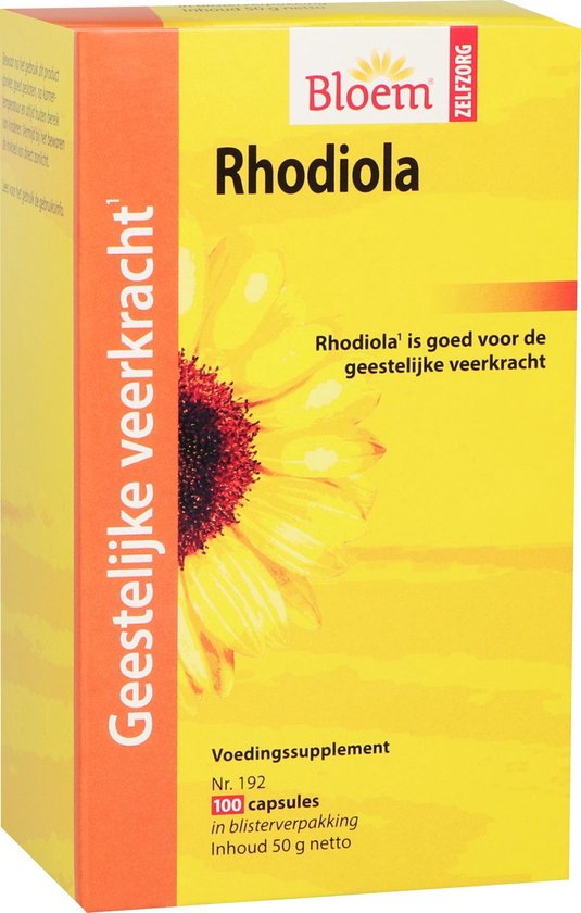 Gele Bloem Rhodiola doos met zonnebloem en voedingssupplementinformatie.