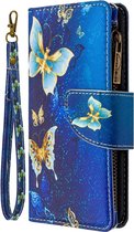 Telefoonhoesje geschikt voor Samsung Galaxy A51 - Portemonnee met rits - book-case hoesje - ruimte voor 9 pasjes - goud blauw vlinders