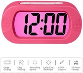 LCD Scherm Digitale wekker met siliconen omhulsel Schokbestendige lichtsensor Snooze-functie Werkt op batterijen Kinderen Student Luide wekker Geschenken voor jongens en meisjes | Roze