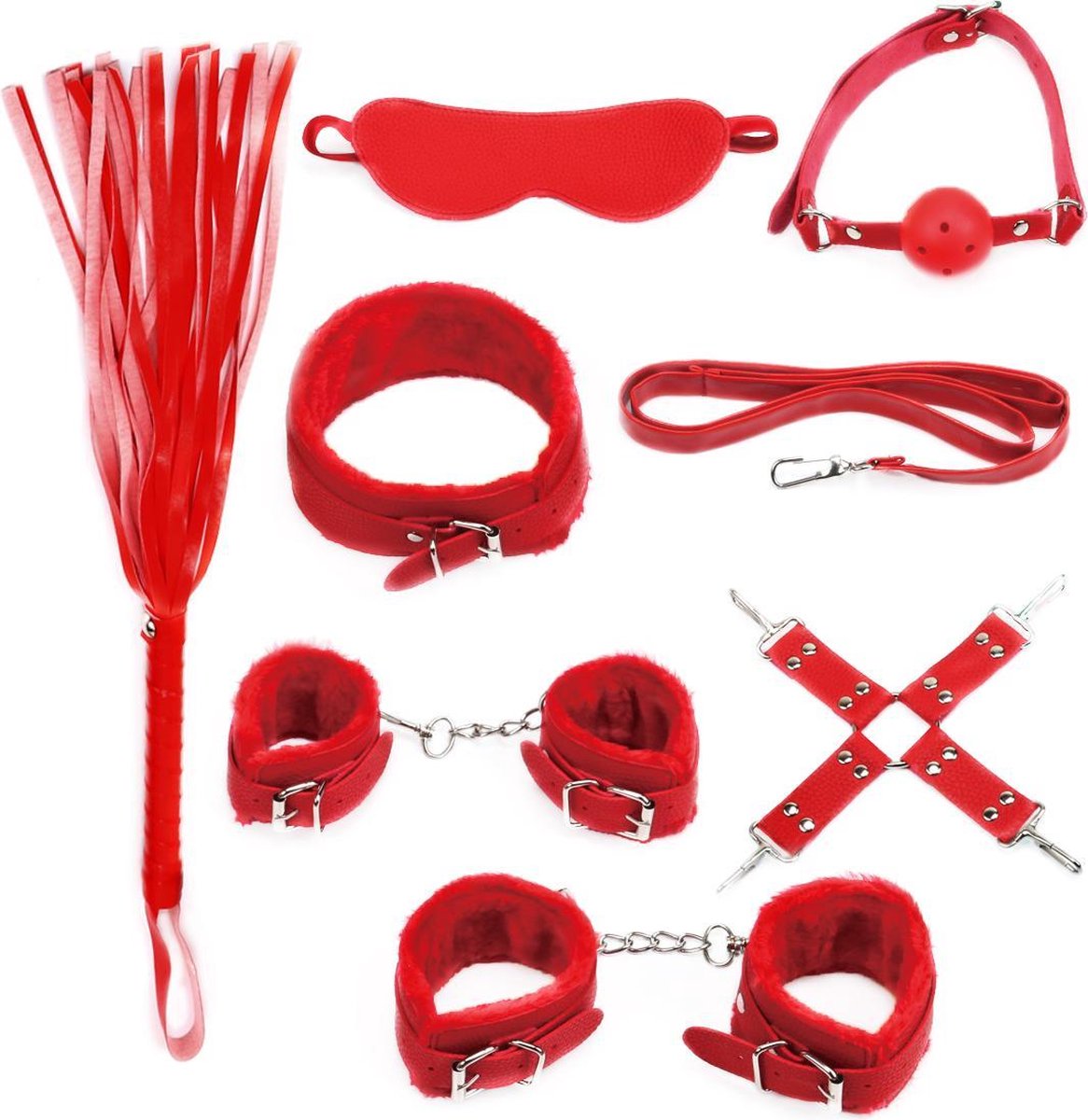 Goedkoopste BDSM - Starters kit - Bondage set - Handboeien - Oogmasker - Enkelboeien - Gagball - Zweep - Hogtie - Rood