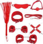 BDSM - Starters kit - Bondage set - Handboeien - Oogmasker - Enkelboeien - Gagball - Zweep - Hogtie - Rood