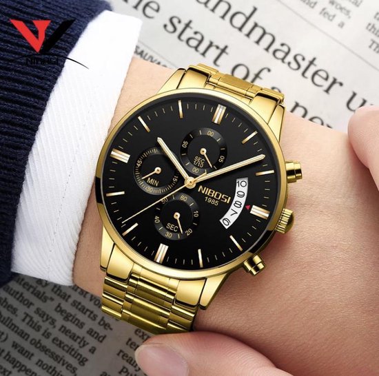 NIBOSI Horloges voor mannen - Horloge mannen - Luxe Zwart op goud Design –  Gouden... | bol