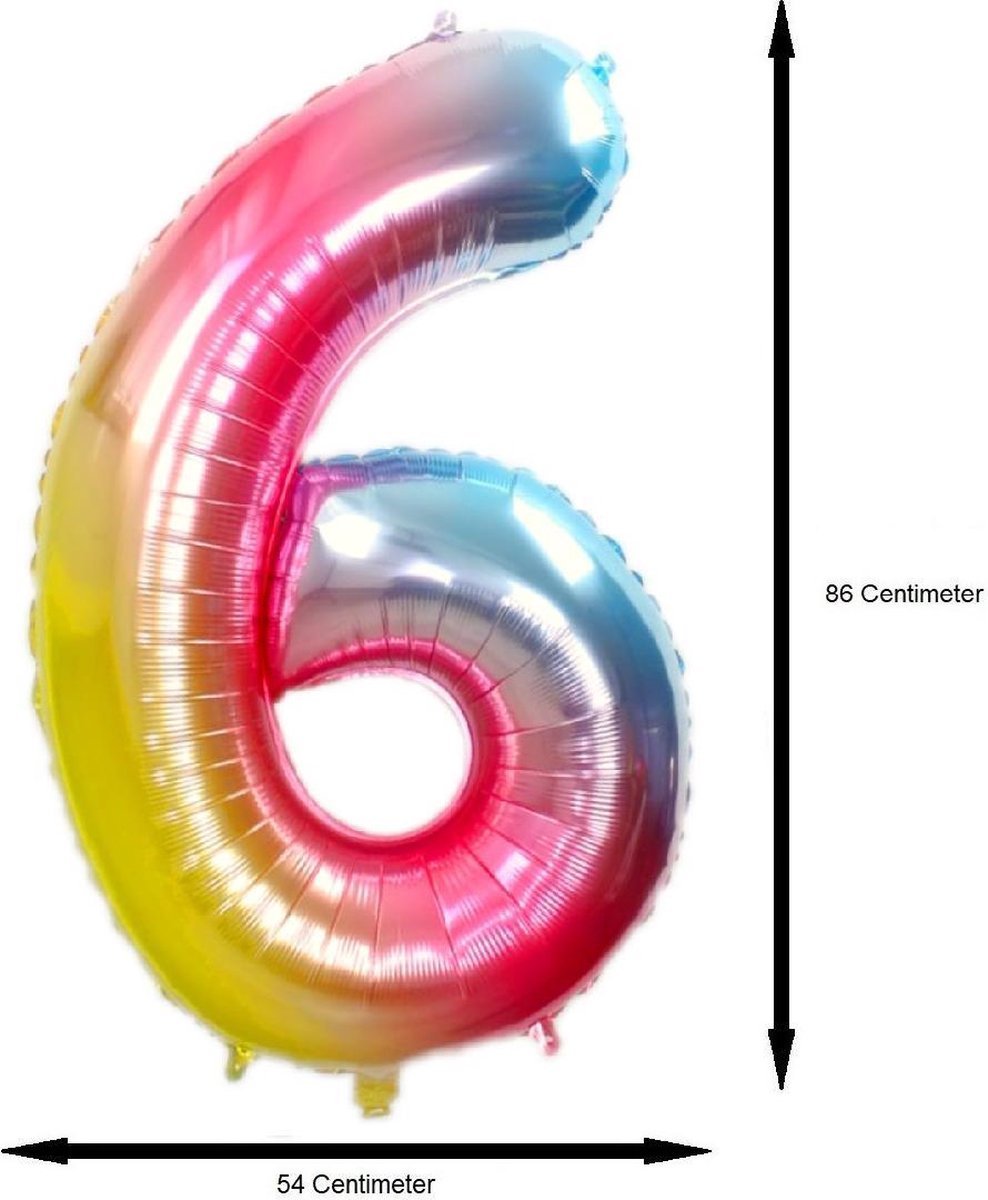 Folie Ballon Cijfer 6 Jaar Regenboog 86Cm Verjaardag Folieballon Met Rietje — afbeelding 2