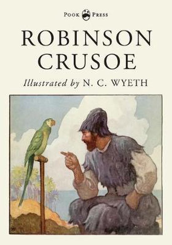 Robinson Crusoe, afgebeeld met een papegaai op een stok, geïllustreerd door N.C. Wyeth.