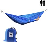 MoreThanHip (Reis)hangmat XXL Everest - Blauw - 2 Persoons hangmat van lichtgewicht parachutestof met opbergzak - Ligoppervlak 260 x 210 cm - Lengte 290 cm - voor tuin, camping en vakantie